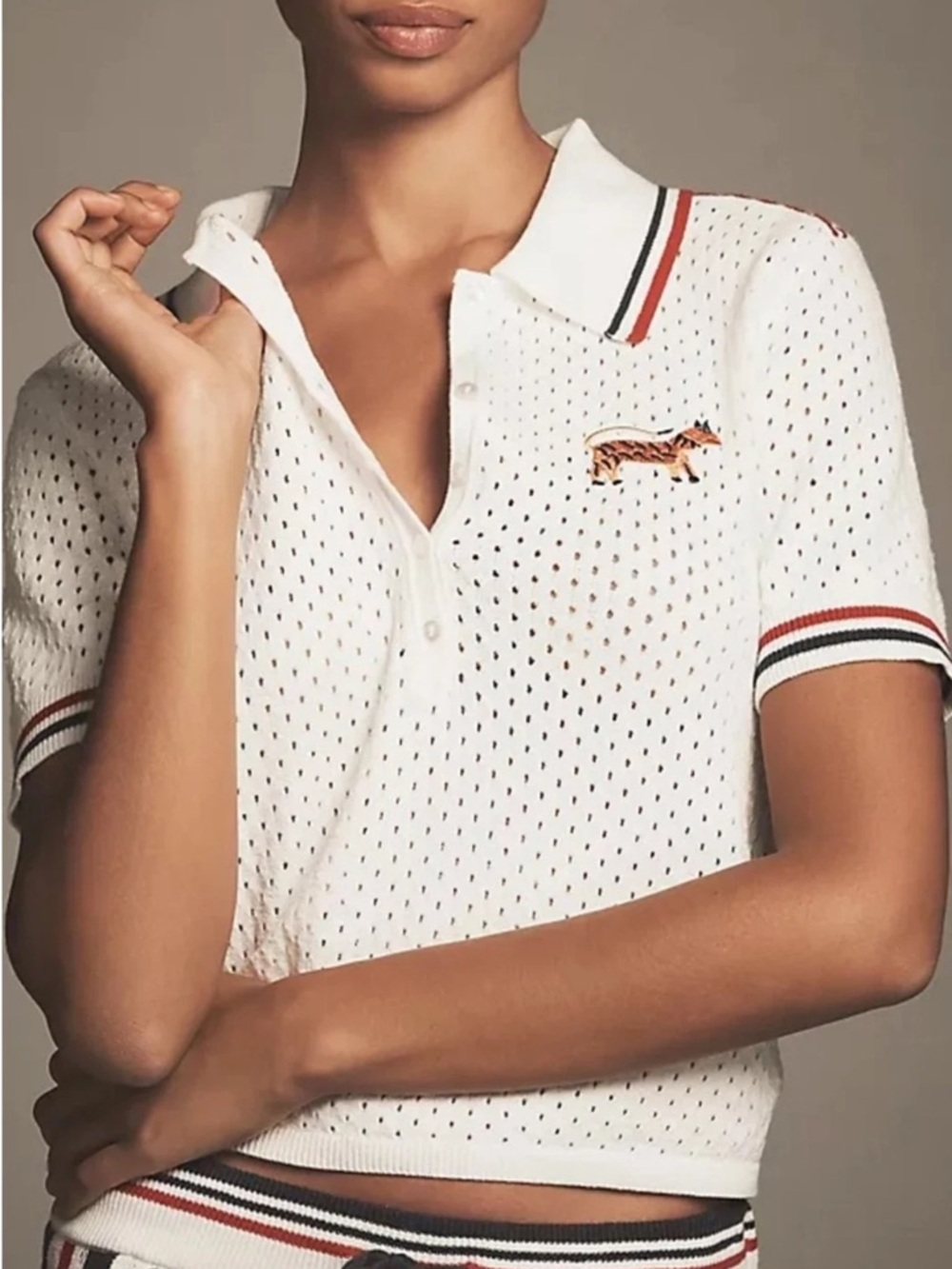 Daily Practice Icon Short-Sleeve Polo Sweater Large Eyelet Anthropologie Tennis